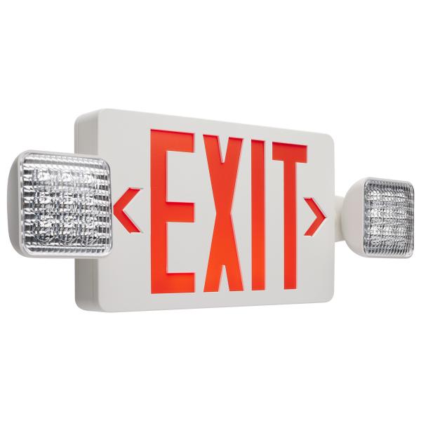 Combination Red Exit Sign/Emergency Light, 90min Ni-Cad backup, 120/277V, Dual Head, Single/Dual Face, Universal Mounting