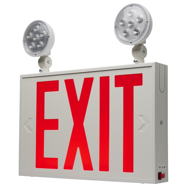 Combination Red Exit Sign/Emergency Light, 90min Ni-Cad backup, 120-277V, Dual Head, Single/Dual Face, Universal Mounting, Steel/NYC