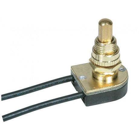 On-Off Metal Push Switch - 5/8" Metal Bushing - Single Circuit - 6A-125V, 3A-250V Rating - Brass Finish