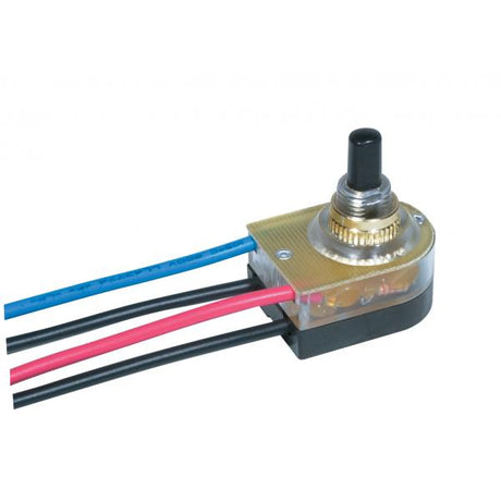 On-Off Lighted Push Switch - 3/8" Plastic Bushing - Single Circuit - 6A-125V, 3A-250V Rating - 6" Leads - Brass Finish