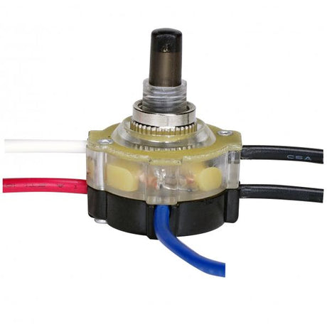 3-Way Lighted Push Switch, Plastic Bushing, 2 Circuit, 4 Position(L-1, L-2, L1-2, Off). Rated: 6A-125V, 3A-250V