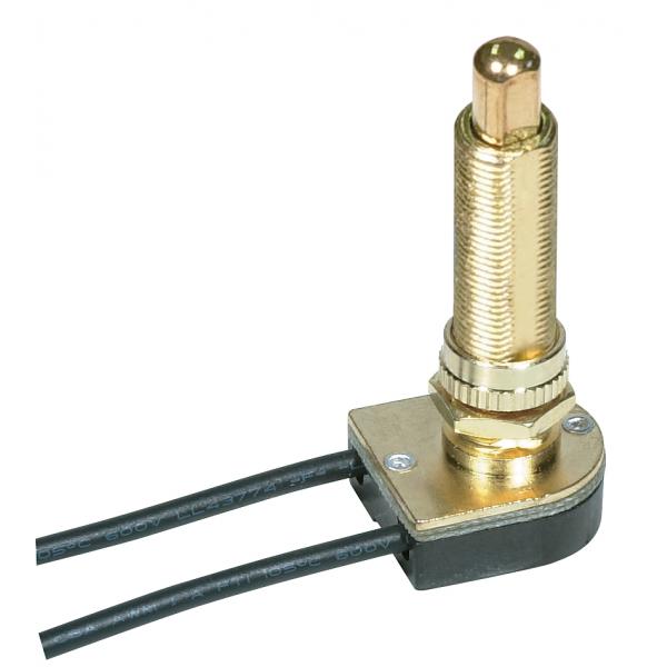 On-Off Metal Push Switch - 1-1/2" Metal Bushing - Single Circuit - 6A-125V, 3A-250V Rating - 6" Leads - Brass Finish