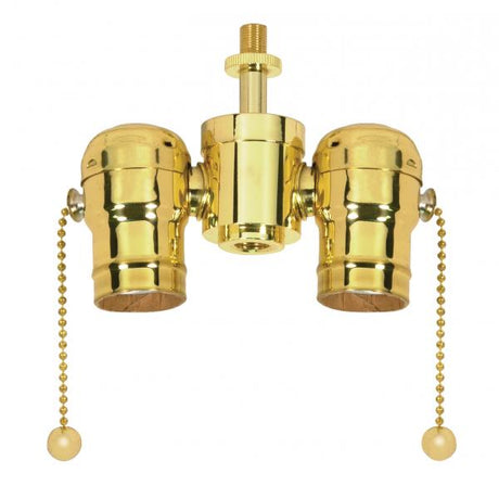 Medium Base Solid Brass Cluster Body - Polished Brass Finish - 1/8 IP Nipple And Locknut Top - 1/4 IP Bottom - 250W - 250V