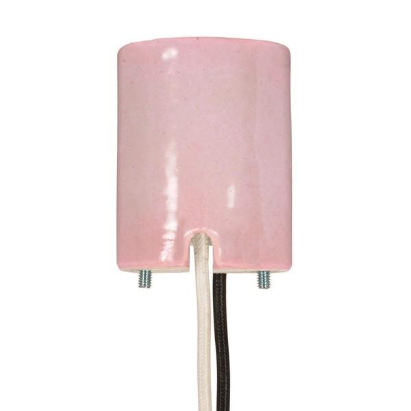 Keyless Pink Porcelain Mogul Socket for Open HID Fixtures, Mounting Screws Held Captive, 1/2" Strip Leads, 2 Wireways