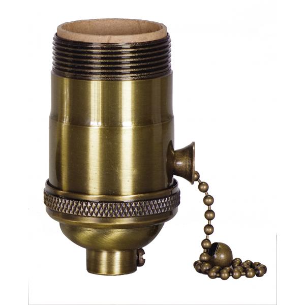 On-Off Pull Chain Socket - 1/8 IPS - 4 Piece Stamped Solid Brass - Antique Brass Finish - 660W - 250V - Uno Thread