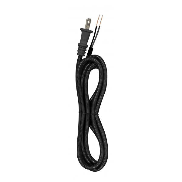 8 Foot Rayon Cord Set - Black Finish - 18/2 SPT-2 105C With Molded Polarized Plug - 200 Carton - Tinned Tips Strip With 2" Slit