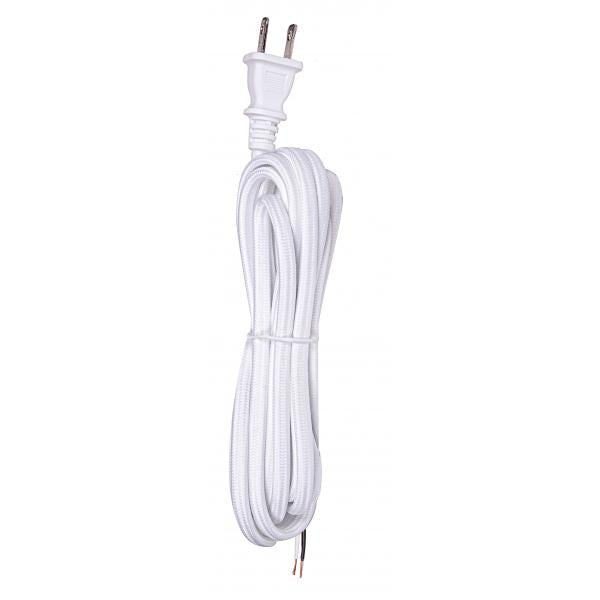 10 Foot Rayon Cord Set - White Finish - 18/2 SPT-2 105C With Molded Polarized Plug - 150 Carton - Tinned Tips Strip With 2" Slit