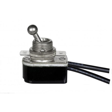 On-Off Metal Toggle Switch - Single Circuit - 6A-125V - 3A-250V Rating - 9" Leads - Nickel Finish