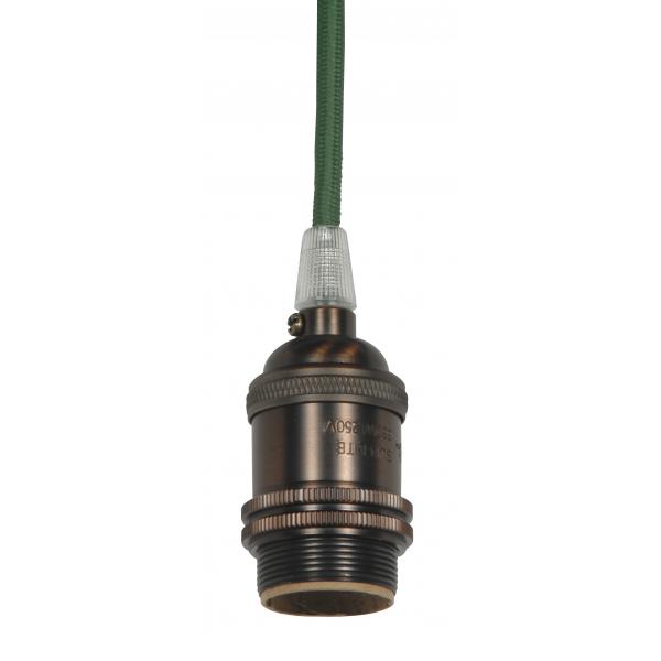 Medium base lampholder - 4pc. Solid brass - prewired - Uno ring - 10ft. 18/2 SVT Dark Green Cord - Dark antique brass finish