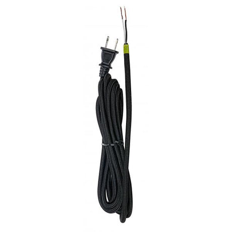 12 Foot Rayon Cord Set - Black Finish - 18/2 SPT-2 105C With Molded Polarized Plug - 50 Carton - Tinned Tips Strip With 2" Slit