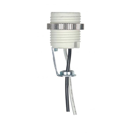 Threaded Porcelain Candelabra Socket - 2" Height - 7/8" Diameter - 18" 18 UL 1015 B/W Leads 105C With Chrome Metal Ring - 75W - 125V