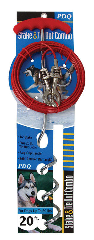 PDQ Boss Pet Silver / Red Vinyl Coated Cable Dog Tie Out Stake Large