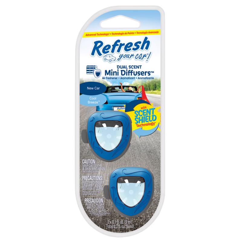 Refresh Your Car! Mini Diffusers New Car /Cool Breeze Scent Car Air Freshener 0.2 oz Liquid 2 pk