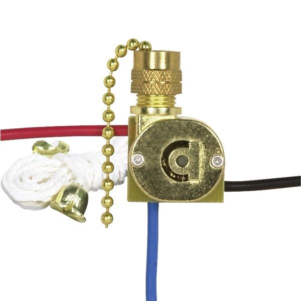 3-Way Canopy Switch - 2 Circuit - 4 Position With Metal Chain, White Cord And Bell - 6A-125V, 3A-250V Rating - Nickel Finish