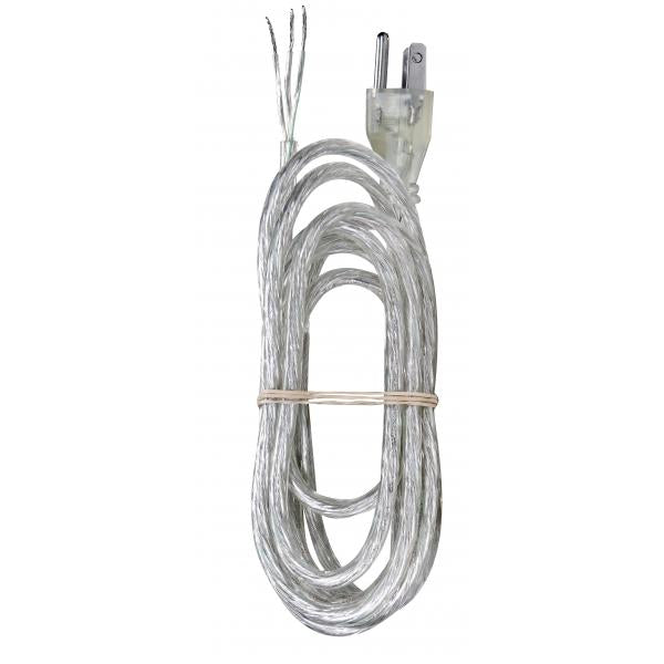 8 Foot 18/3 SVT 105C Heavy Duty Cord Set - Clear Silver Finish - 100 Carton - 3 Prong Molded Plug - Stripped And Slit - 1/4" Diameter