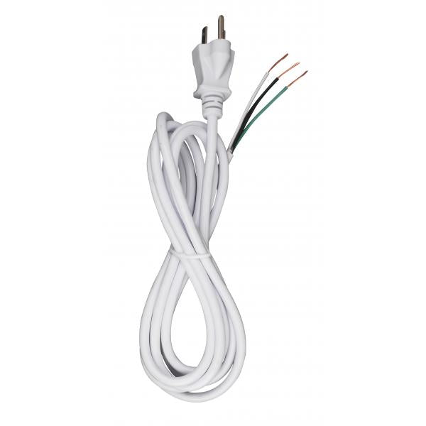 8 Foot 18/3 SVT 105C Heavy Duty Cord Set - White Finish - 100 Carton - 3 Prong Molded Plug - Stripped And Slit - 1/4" Diameter