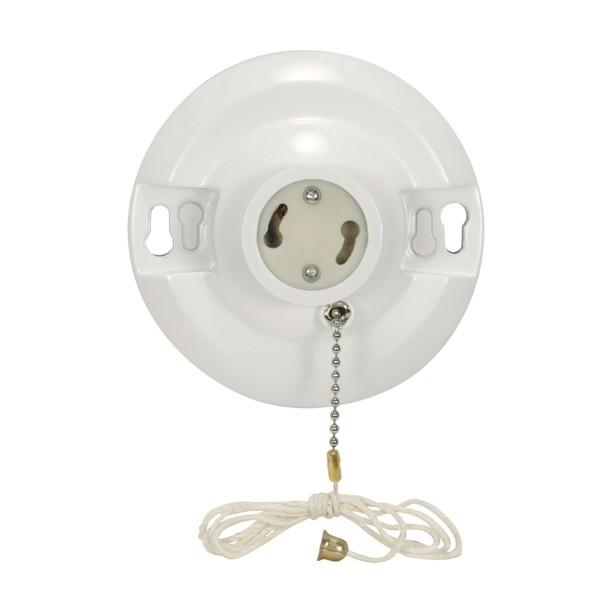 4 Terminal White Phenolic GU24 On-Off Pull Chain Ceiling Receptacle - Screw Terminals - 4-1/2" Diameter - 150W - 250V