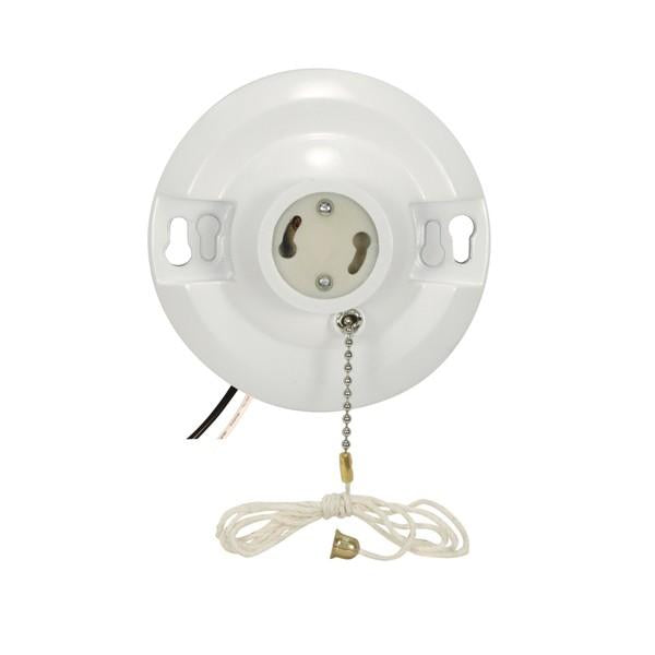 White Phenolic GU24 On-Off Pull Chain Ceiling Receptacle - 6" AWM B/W Leads 105C - 4-1/2" Diameter - 75W - 250V