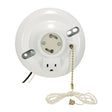 White Phenolic GU24 On-Off Pull Chain Ceiling Receptacle With Grounded Outlet - 6" AWM B/W Leads 105C - 4-1/2" Diameter - 75W - 250V