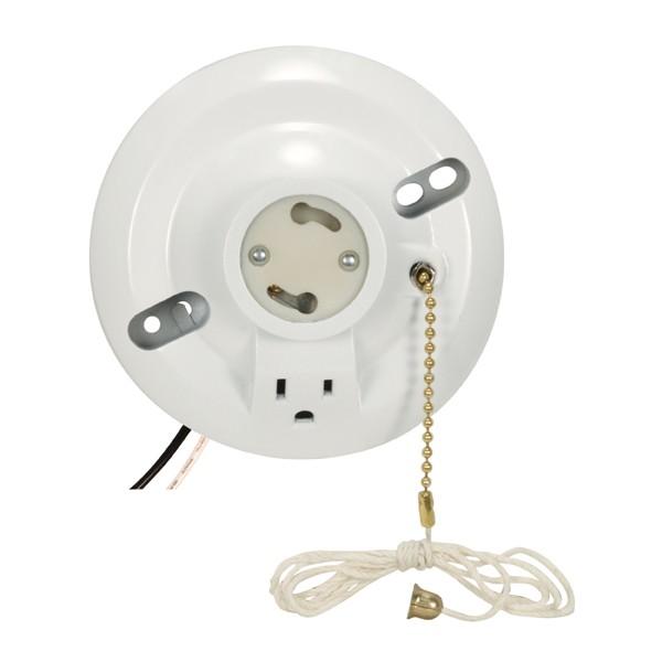 White Phenolic GU24 On-Off Pull Chain Ceiling Receptacle With Grounded Outlet - 6" AWM B/W Leads 105C - 4-1/2" Diameter - 75W - 250V
