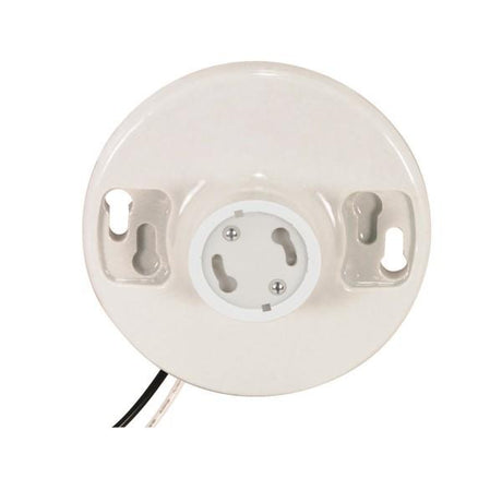 Keyless White Porcelain GU24 Ceiling Receptacle - 6" AWM B/W Leads 105C - 4-3/8" Diameter - 300W - 300V