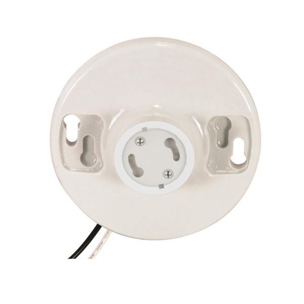 Keyless White Porcelain GU24 Ceiling Receptacle - 6" AWM B/W Leads 105C - 4-3/8" Diameter - 300W - 300V