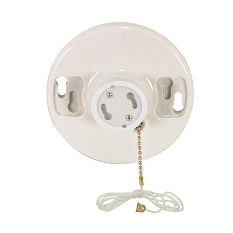 4 Terminal White Phenolic GU24 On-Off Pull Chain Ceiling Receptacle - Screw Terminals - 4-3/8" Diameter - 150W - 250V