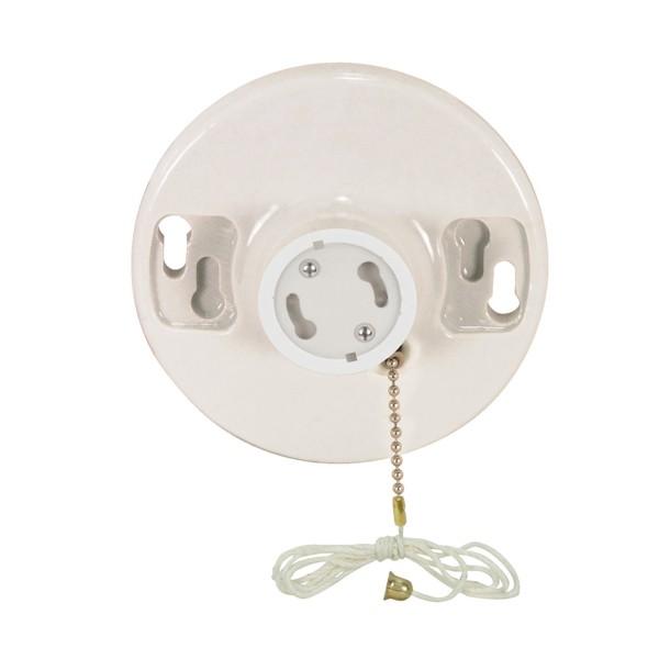 4 Terminal White Phenolic GU24 On-Off Pull Chain Ceiling Receptacle - Screw Terminals - 4-3/8" Diameter - 150W - 250V