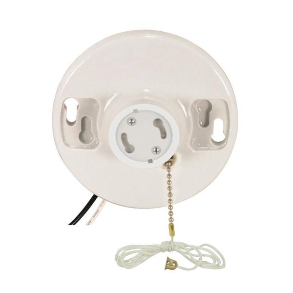 Pull Chain White Porcelain GU24 On-Off Pull Chain Ceiling Receptacle - 6" AWM B/W Lead - 4-3/8" Diameter - 660W - 250V