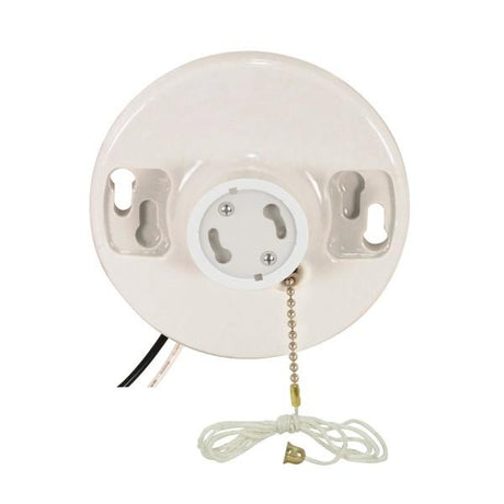 Pull Chain White Porcelain GU24 On-Off Pull Chain Ceiling Receptacle - 6" AWM B/W Lead - 4-3/8" Diameter - 660W - 250V