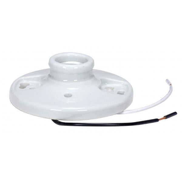 Keyless Glazed Porcelain Ceiling Receptacle - 7" AWM B/W Leads 105C - Screw Terminals - 4-3/8" Diameter - 660W - 250V