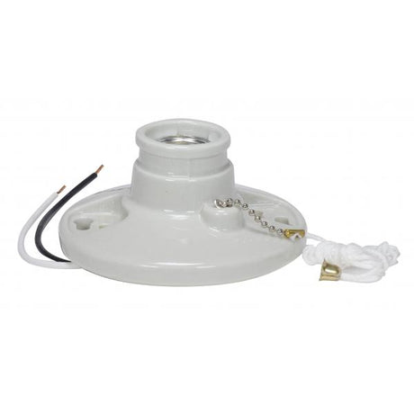 Glazed Porcelain On-Off Pull Chain Ceiling Receptacle - 7" AWM B/W Leads 105C - Screw Terminals - 4-3/8" Diameter - 250W - 250V