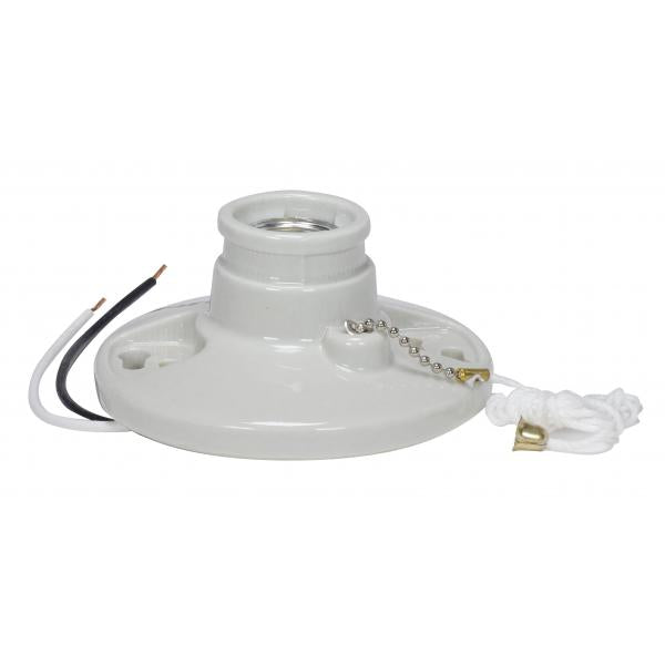 Glazed Porcelain On-Off Pull Chain Ceiling Receptacle - 7" AWM B/W Leads 105C - Screw Terminals - 4-3/8" Diameter - 250W - 250V