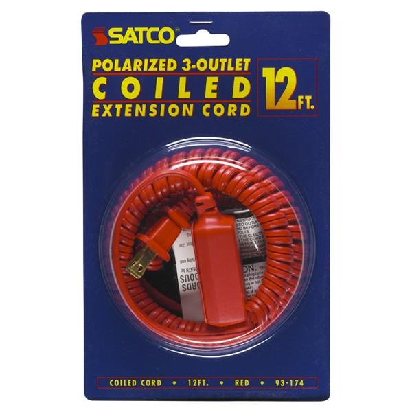 12 Foot Coiled (Extended) Extension Cord - Red Finish - 16/2 SPT-2 - 13A-125V-1625W Rating