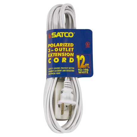12 Foot Extension Cord - White Finish - 16/2 SPT-2 - Indoor Only - 13A-125V-1625W Rating