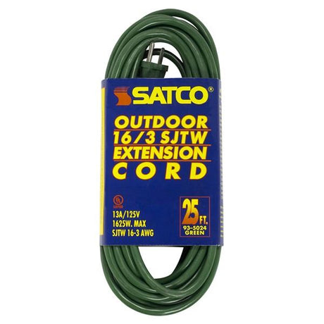 25 Foot Green Heavy Duty Outdoor Extension Cord - 16/3 Ga. SJTW-3 Green Cord With Sleeve - 13A-125V - 1625W
