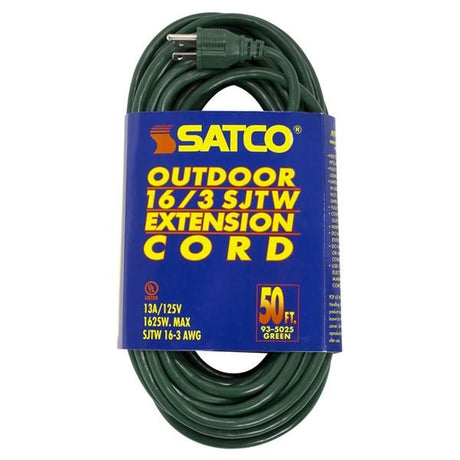 50 Foot Green Heavy Duty Outdoor Extension Cord - 16/3 Ga. SJTW-3 Green Cord With Sleeve - 13A-125V - 1625W