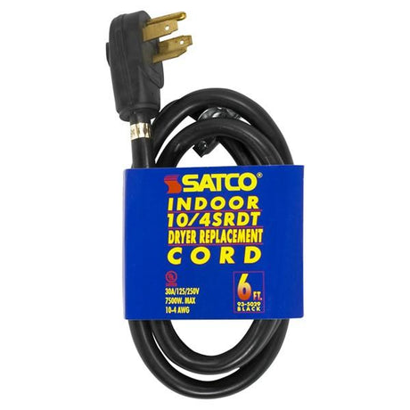 6 Foot, 4 Wire Heavy Duty Replacement Dryer Cord - 10-4 SRDT Black Round - Indoor Use Only - 30A/125V-250V - 7500W