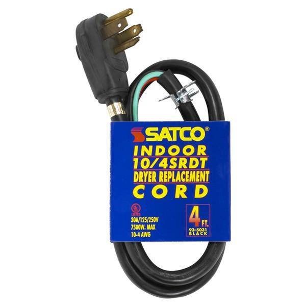 4 Foot, 4 Wire Heavy Duty Replacement Dryer Cord - 10-4 SRDT Black Round - Indoor Use Only - 30A/125V-250V - 7500W