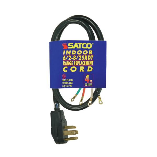4 Foot, 4 Wire Heavy Duty Replacement Range Cord - 6-2 - 8-2 SRDT Black Round - Indoor Use Only - 50A/125V-250V - 12500W