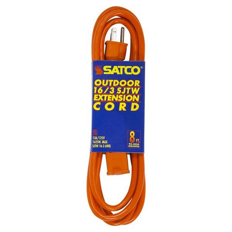 8 Foot Orange Heavy Duty Outdoor Extension Cord - 16/3 Ga. SJTW-3 Orange Cord With Sleeve - 13A-125V - 1625W