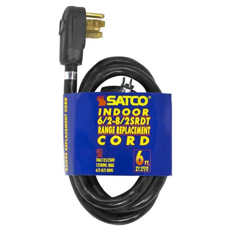 6 Foot, 4 Wire Heavy Duty Replacement Range Cord - 6-2 - 8-2 SRDT Black Round - Indoor Use Only - 50A/125V-250V - 12500W