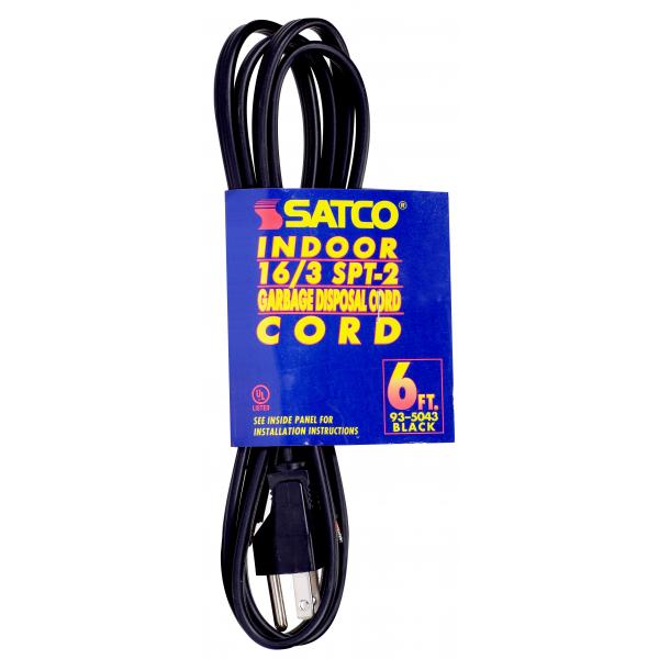 6 Foot, 3 Wire Heavy Duty Replacement Garbage Disposal Cord - 16-3 SPT-2 Black - Indoor Use Only - 13A/125V - 1625W