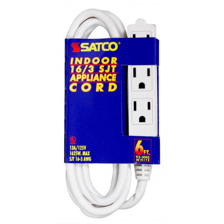 6 Foot Extension Cord - White Finish - 16/3 SJT - Indoor Only - 13A-125V-1625W Rating