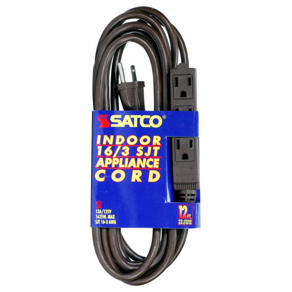 12 Foot Extension Cord - Brown Finish - 16/3 SJT - Indoor Only - 13A-125V-1625W Rating