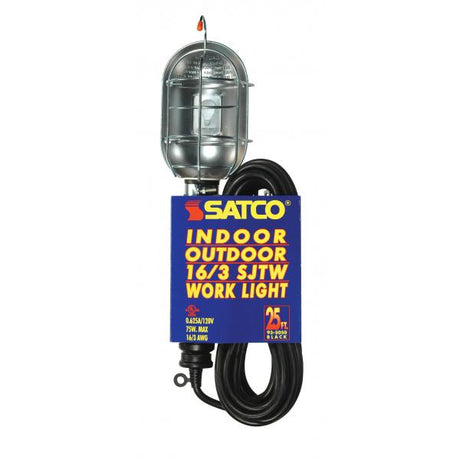 25 Foot, 3 Wire Black Metal Trouble Light With Cage And Yellow Outlet - Indoor And Outdoor Use - 0.625A-120V - 75W Max