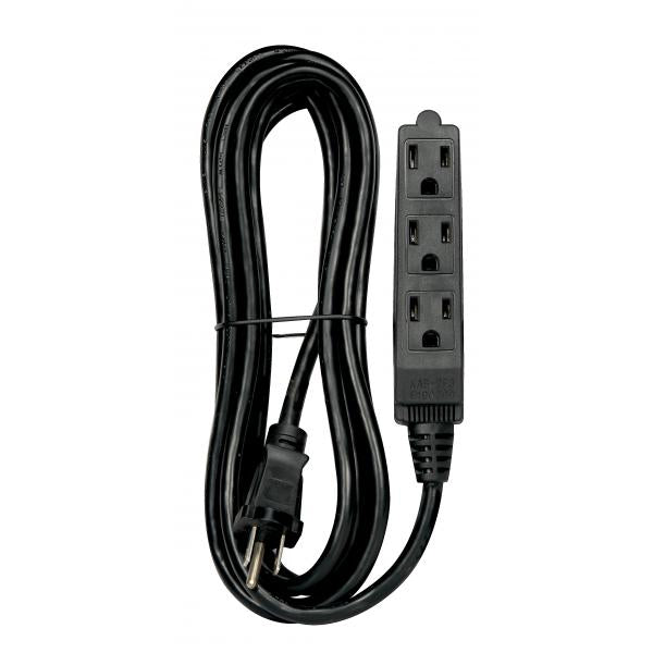12 Foot, 3 Wire, 3 Outlet Indoor Banana Extension Cord - 16-3 SJT Black - 13A-125V - 1625W