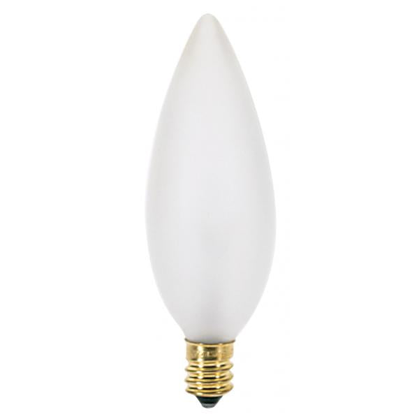 25 Watt BA9 1/2 Incandescent - Frost - 2500 Average rated hours - 193 Lumens - Candelabra base - 130 Volt