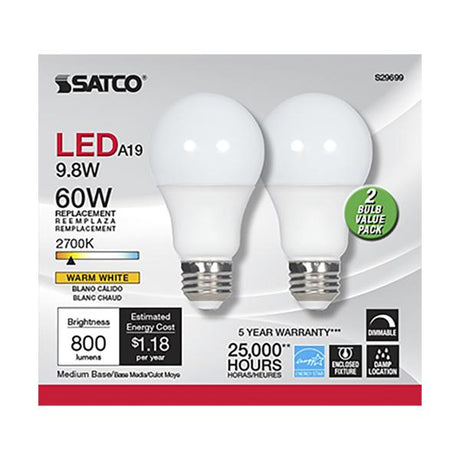 9.8 Watt - A19 LED - Medium base - 2700K - Frosted - 220 deg. Beam Angle - 120 Volt - 2-Pack Display Pack