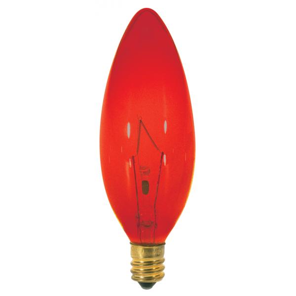 25 Watt BA9 1/2 Incandescent - Transparent Red - 1500 Average rated hours - Candelabra base - 120 Volt